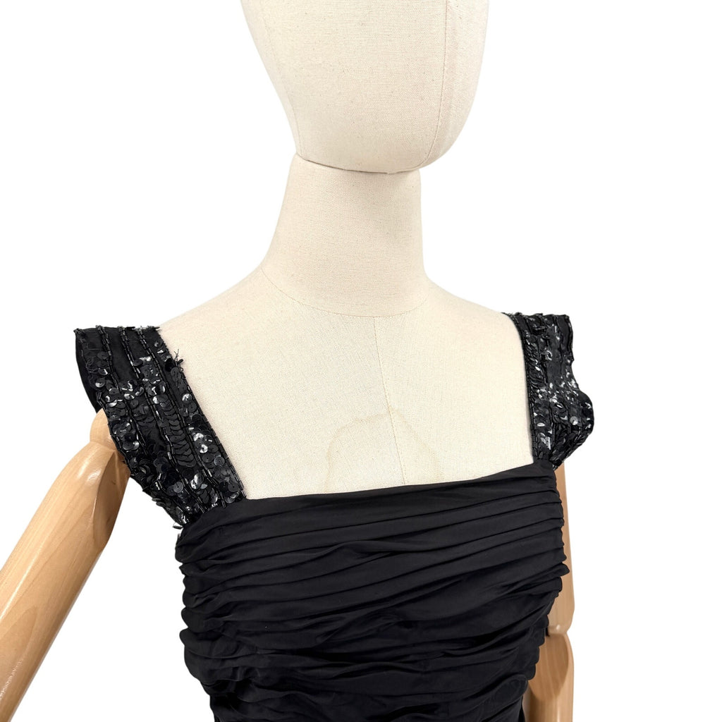 Vintage 80s Tadashi Black Ruched Sequin Strap Glam Cocktail Party Dress
