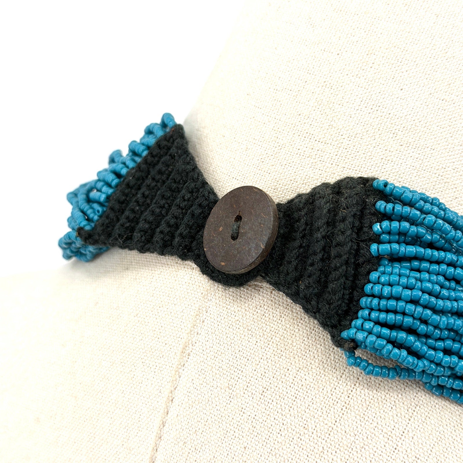 Vintage 90s Blue Ceramic Seed Bead Afrobohemian Multi Strand Necklace