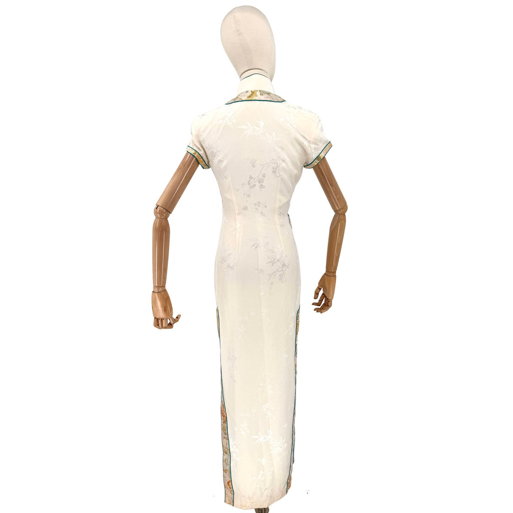 Vintage 90s Cream 100% Silk Brocade Trim Cheongsam Qipao Maxi Dress