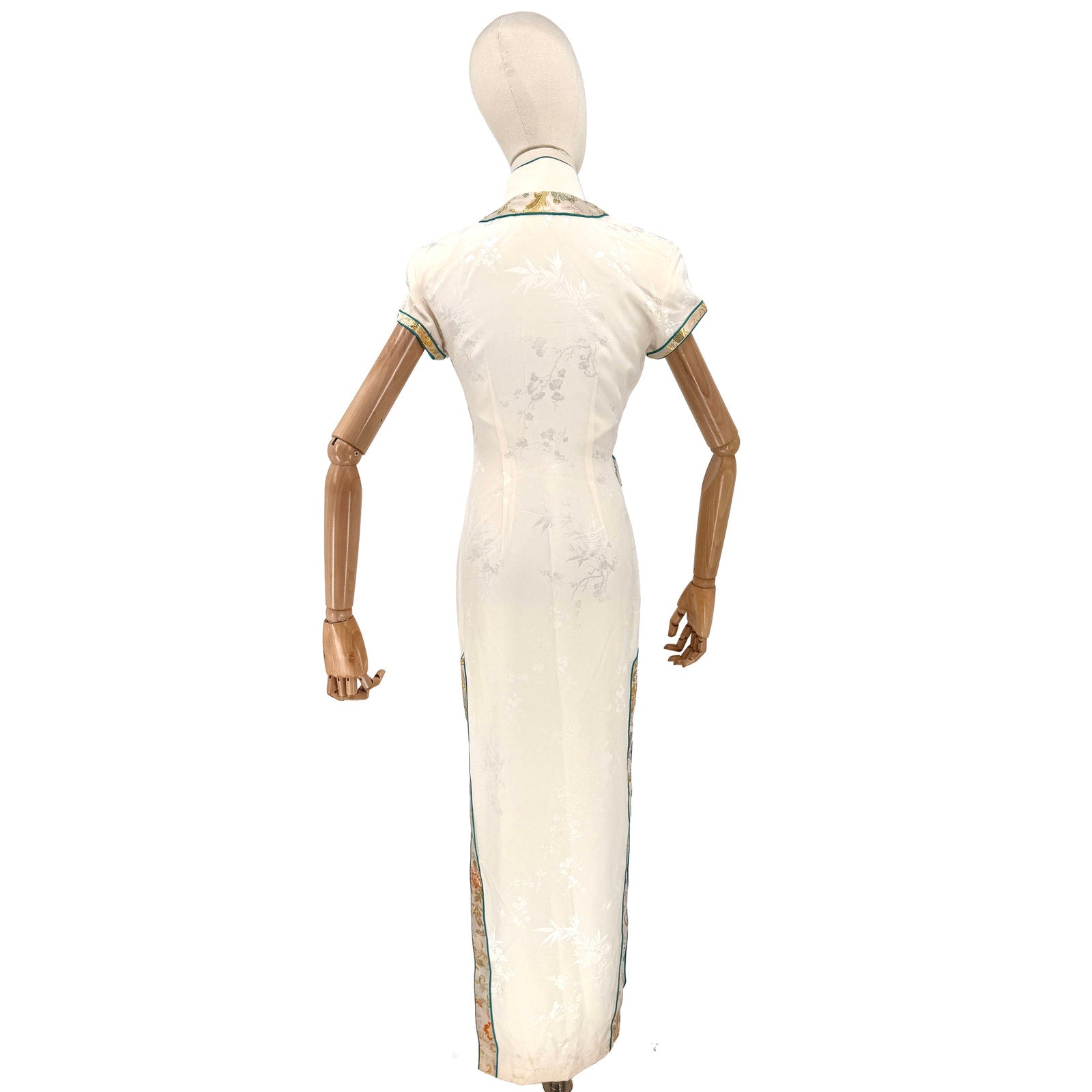 Vintage 90s Cream 100% Silk Brocade Trim Cheongsam Qipao Maxi Dress