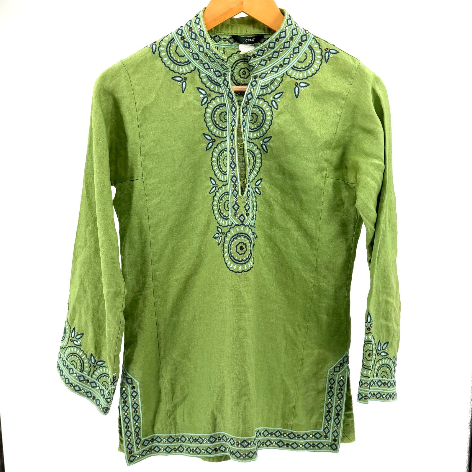 J. Crew Lime Green 100% Linen Embroidered Sequin Long Sleeve Tunic