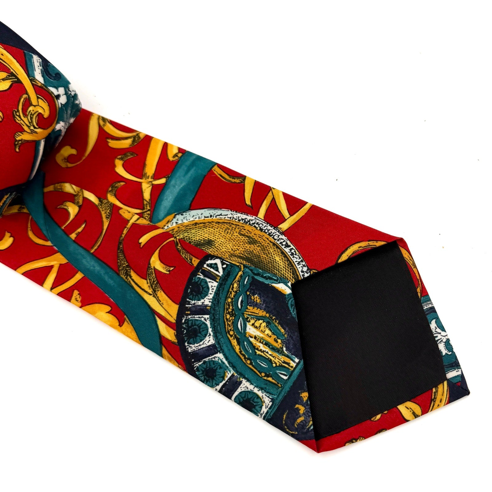 Vintage 90s Italian Handmade Red Baroque Ornate 100% Silk Tie