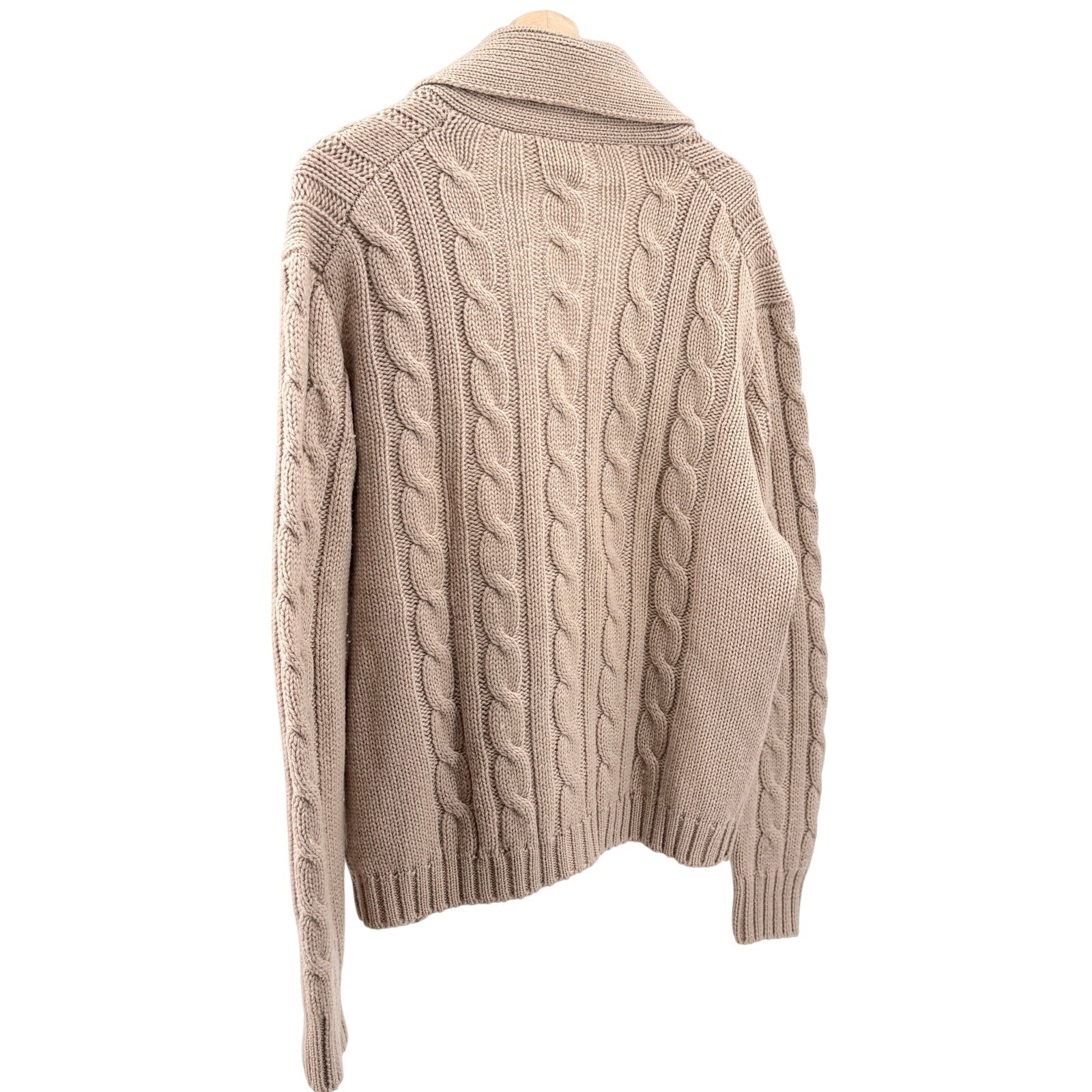 Vintage 70s B Altman Beige 100% Wool Cable Knit Shawl Collar Cardigan