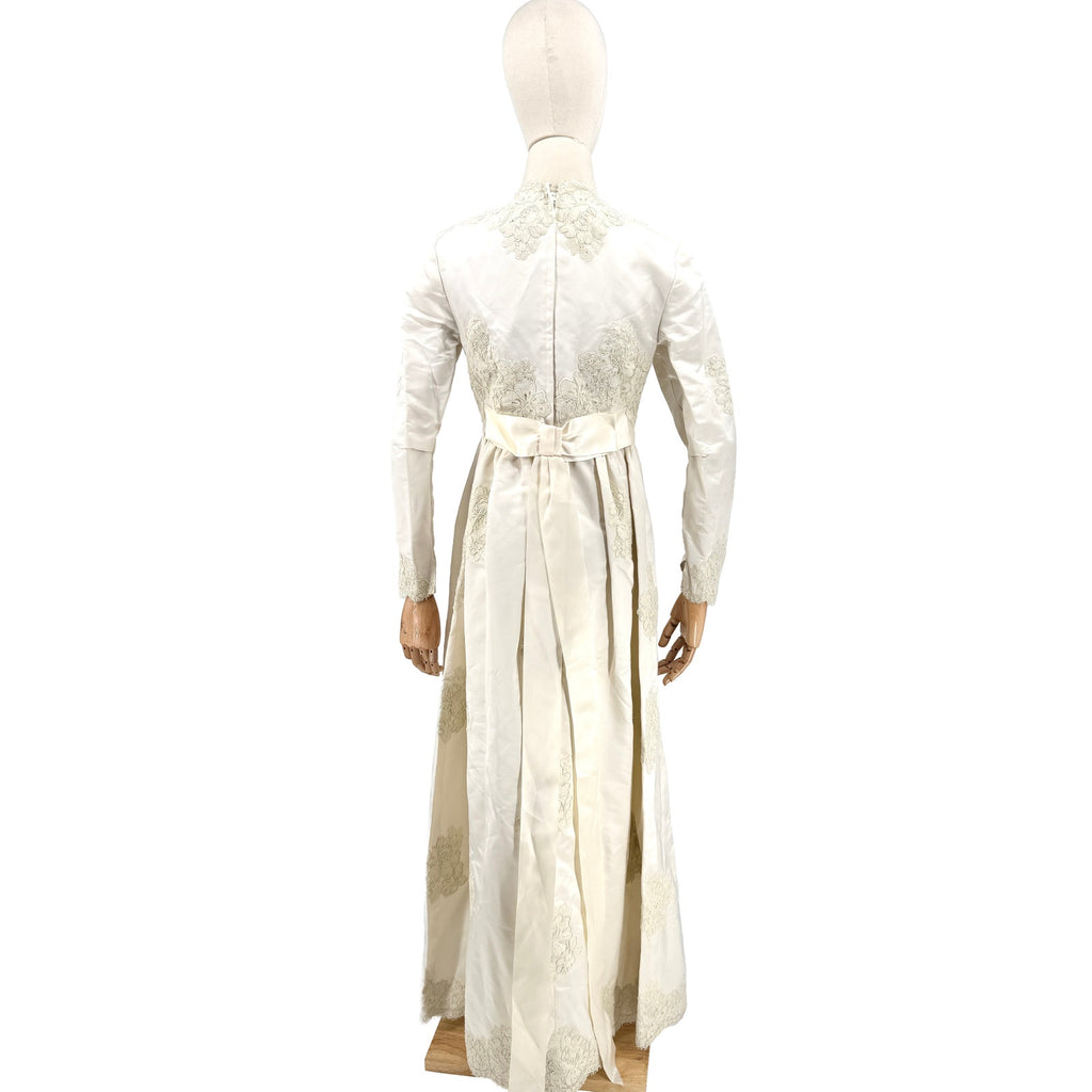 Vintage 60s I Magnin Ivory Satin Elegant Lace Long Sleeve Wedding Dress