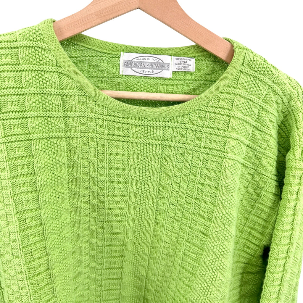 Vintage 90s American Knitworks Neon Lime Green 100% Cotton Grid Knit Sweater