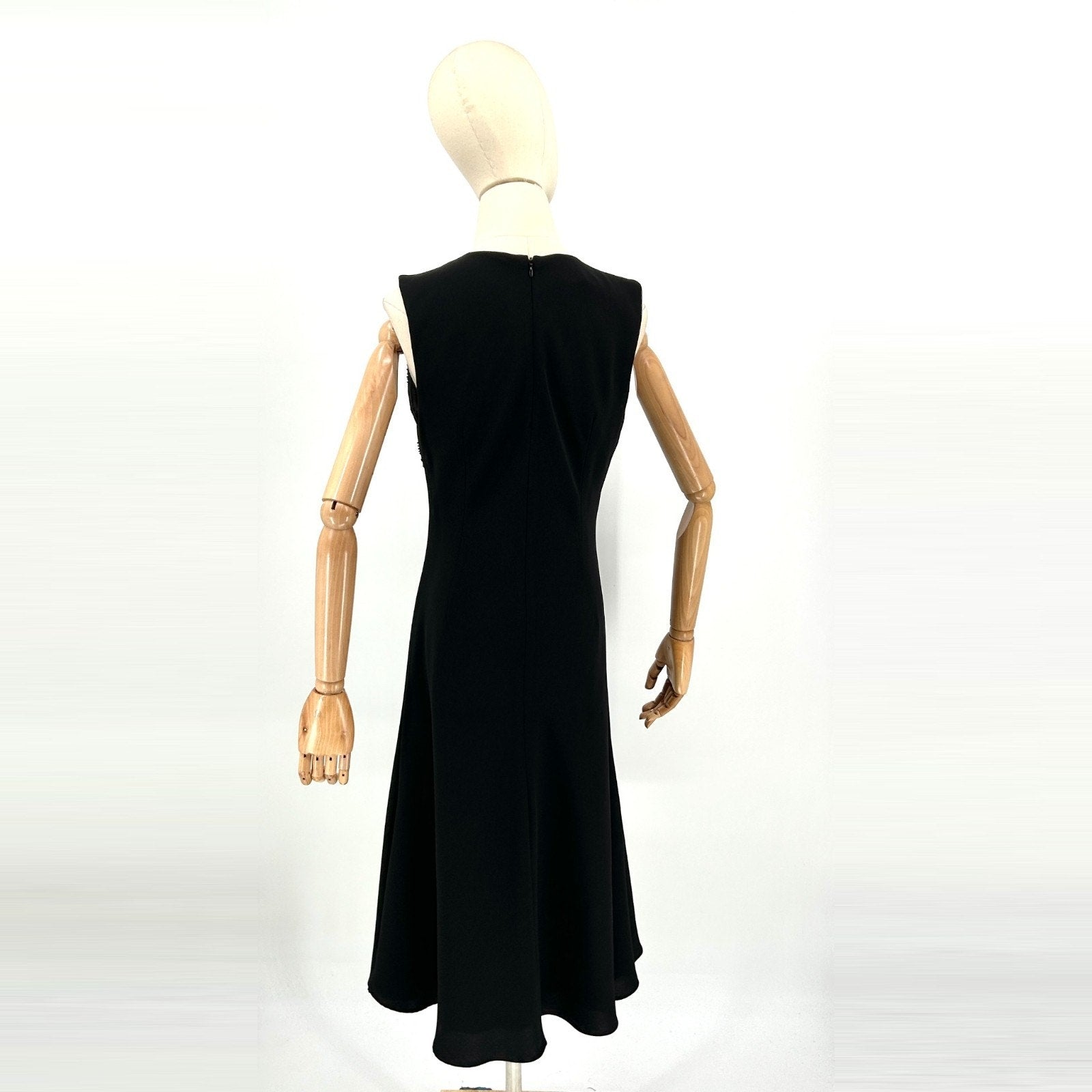 Vintage 90s Evan-Picone Black Beaded Satin Trim Cocktail Midi Dress