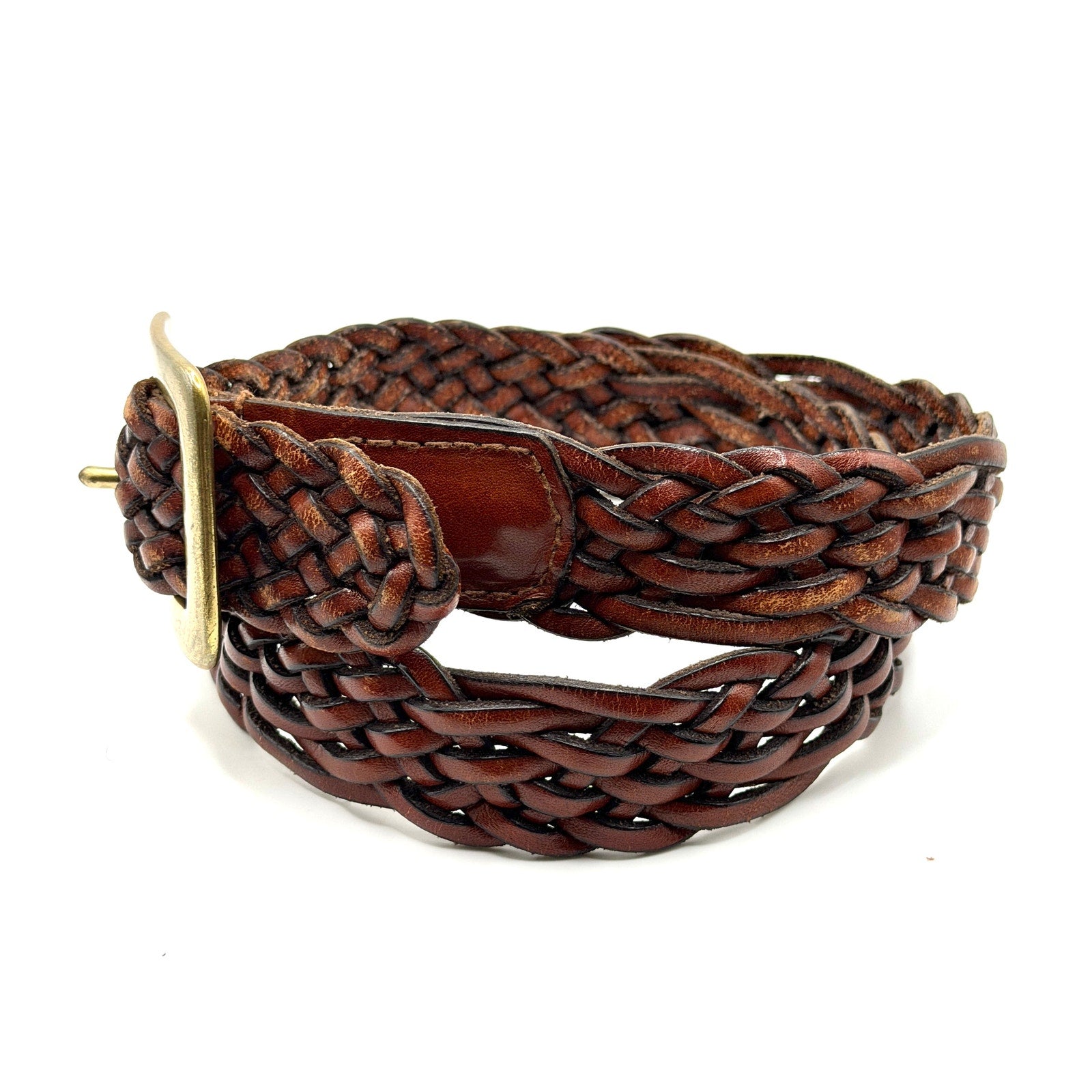 Vintage 90s Talbots Brown Genuine Leather Woven Brass Buckle Belt