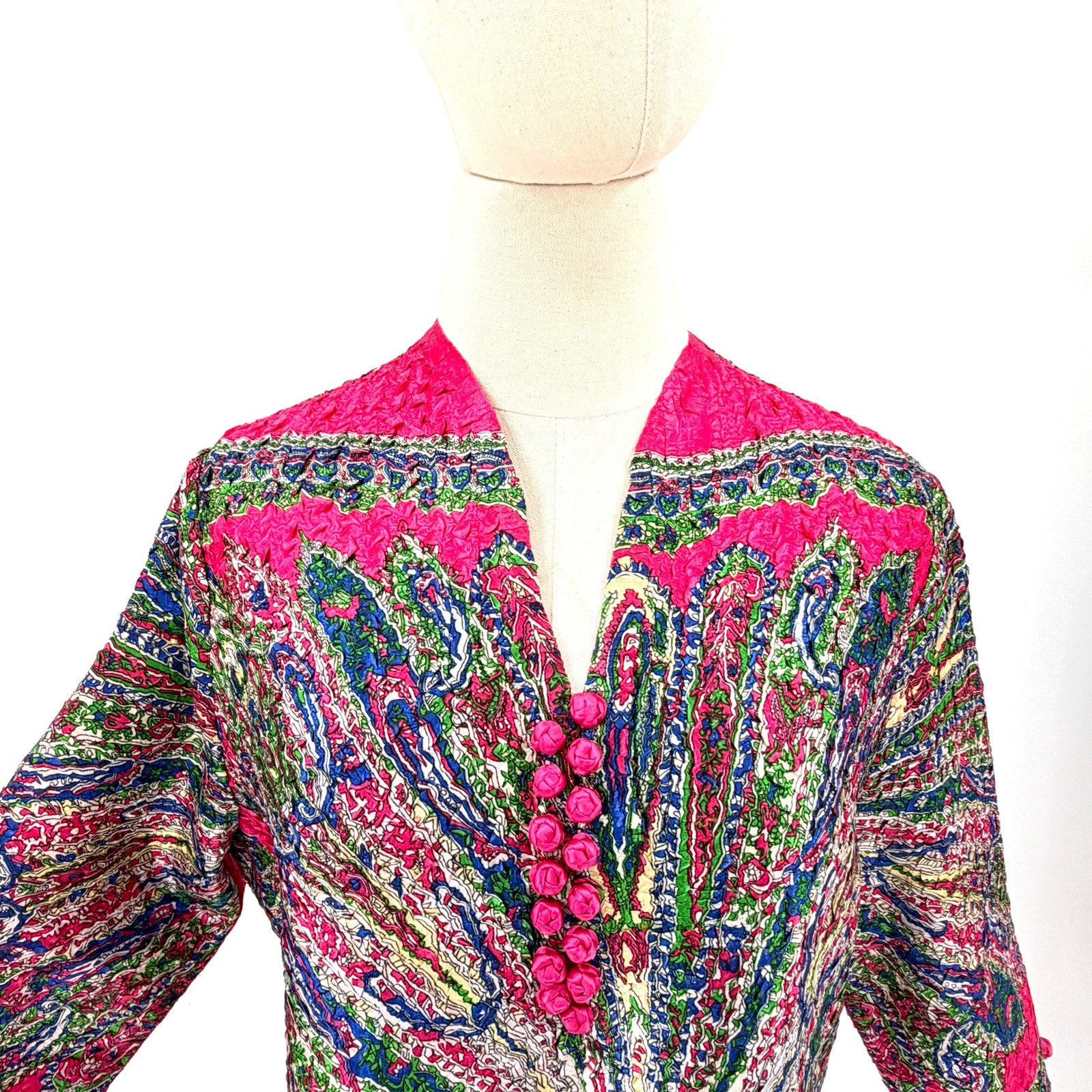 Hot Pink Paisley Crinkle Satin Boho Mini Dress