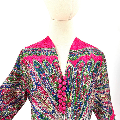 Hot Pink Paisley Crinkle Satin Boho Mini Dress