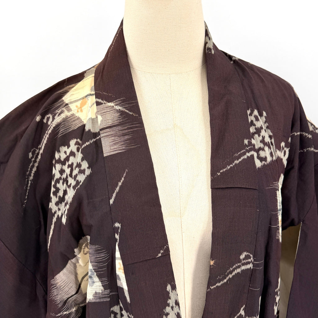 Vintage 50 Showa Era Black 100% Silk Woven Ikat Meisen Kimono Robe Gown