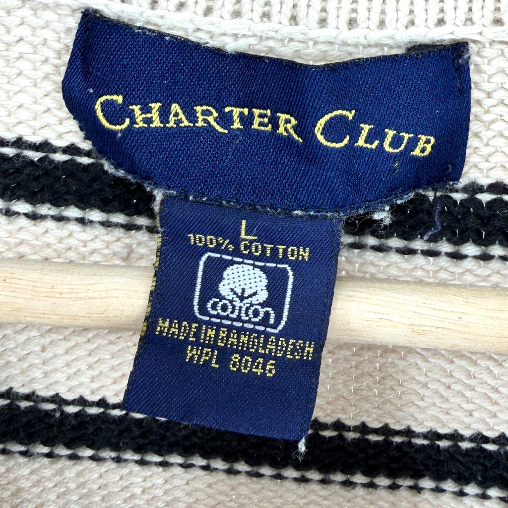 Vintage Y2K Charter Club Cream Black 100% Cotton Gold Crest Half Zip Sweater