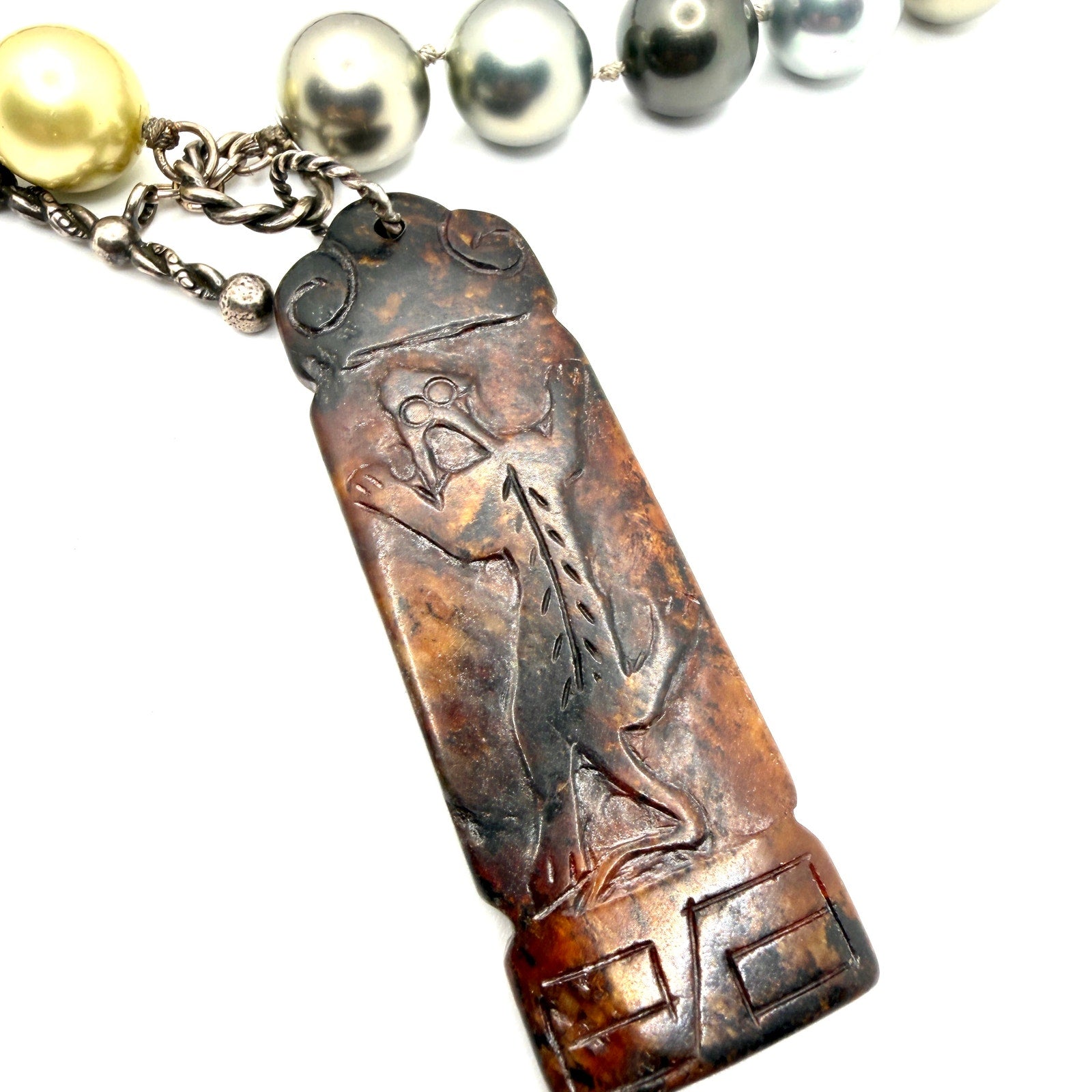 Vintage 90s Carved Brown Jade Multi Color Pearl Totem Statement Necklace