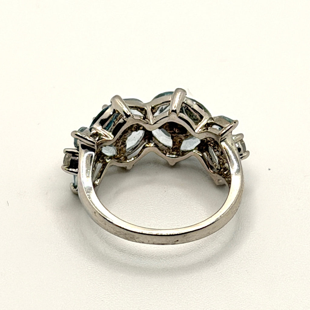 Vintage 90s Sterling Silver Marquise Blue Topaz Floral Cluster Ring