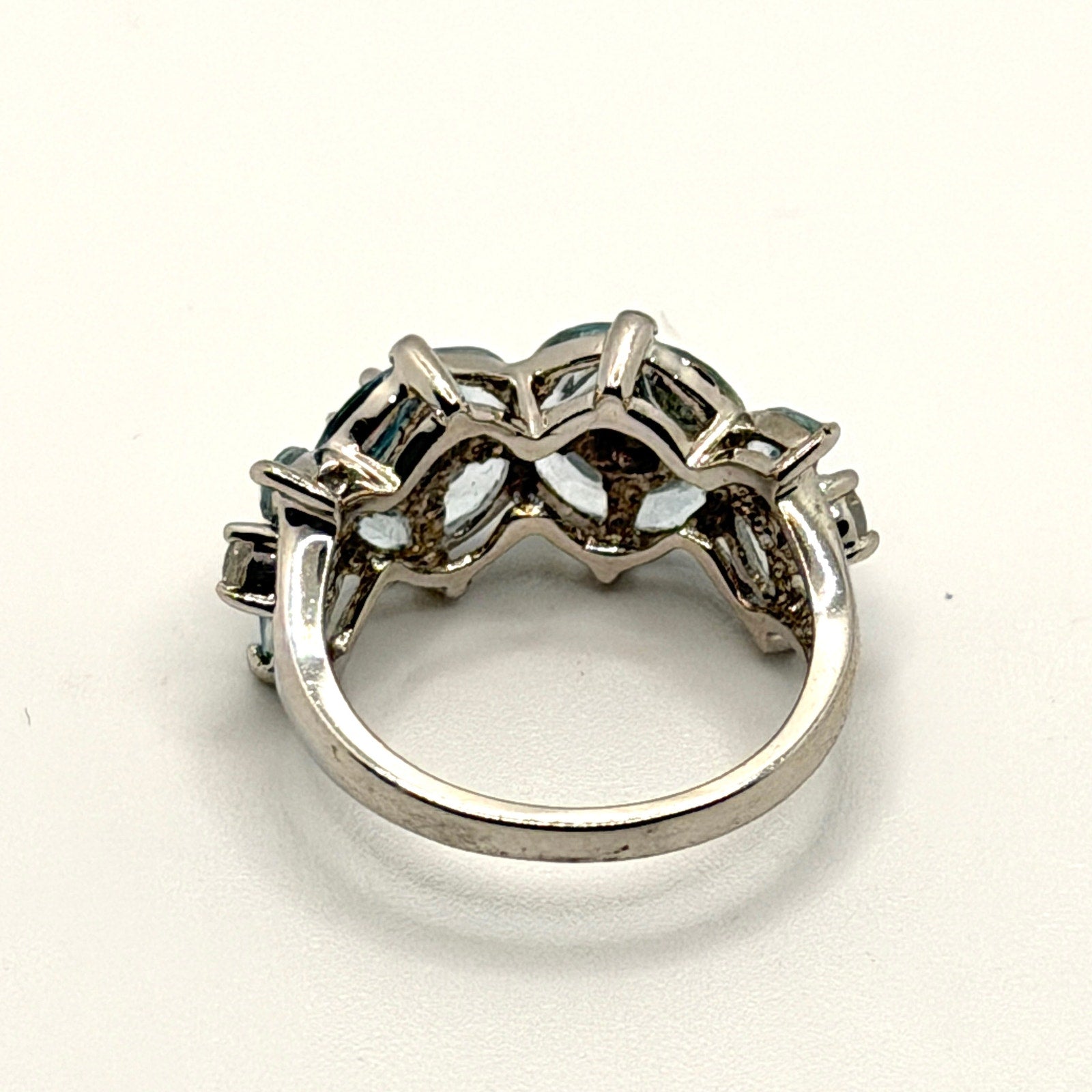 Vintage 90s Sterling Silver Marquise Blue Topaz Floral Cluster Ring