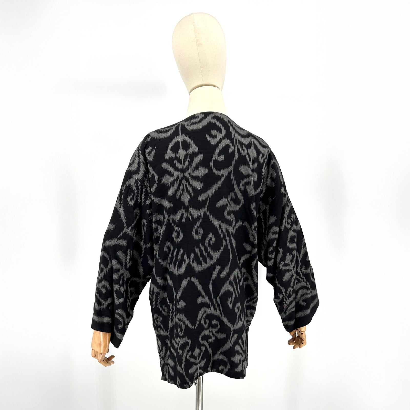 Vintage 90s Nadya Black Gray Ikat Reversible Asymmetrical Jacket