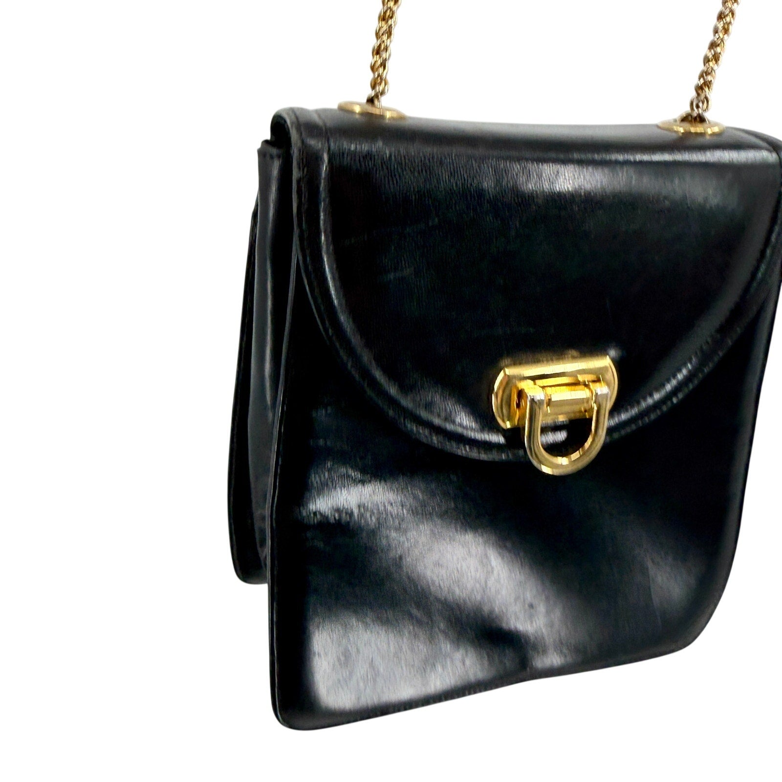 Vintage 80s Frenchy of California Black Leather Gold Chain Shoulder Bag