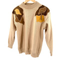 Vintage 80s Rugby Road Tan Faux Leather Tassel Abstract Applique Sweater