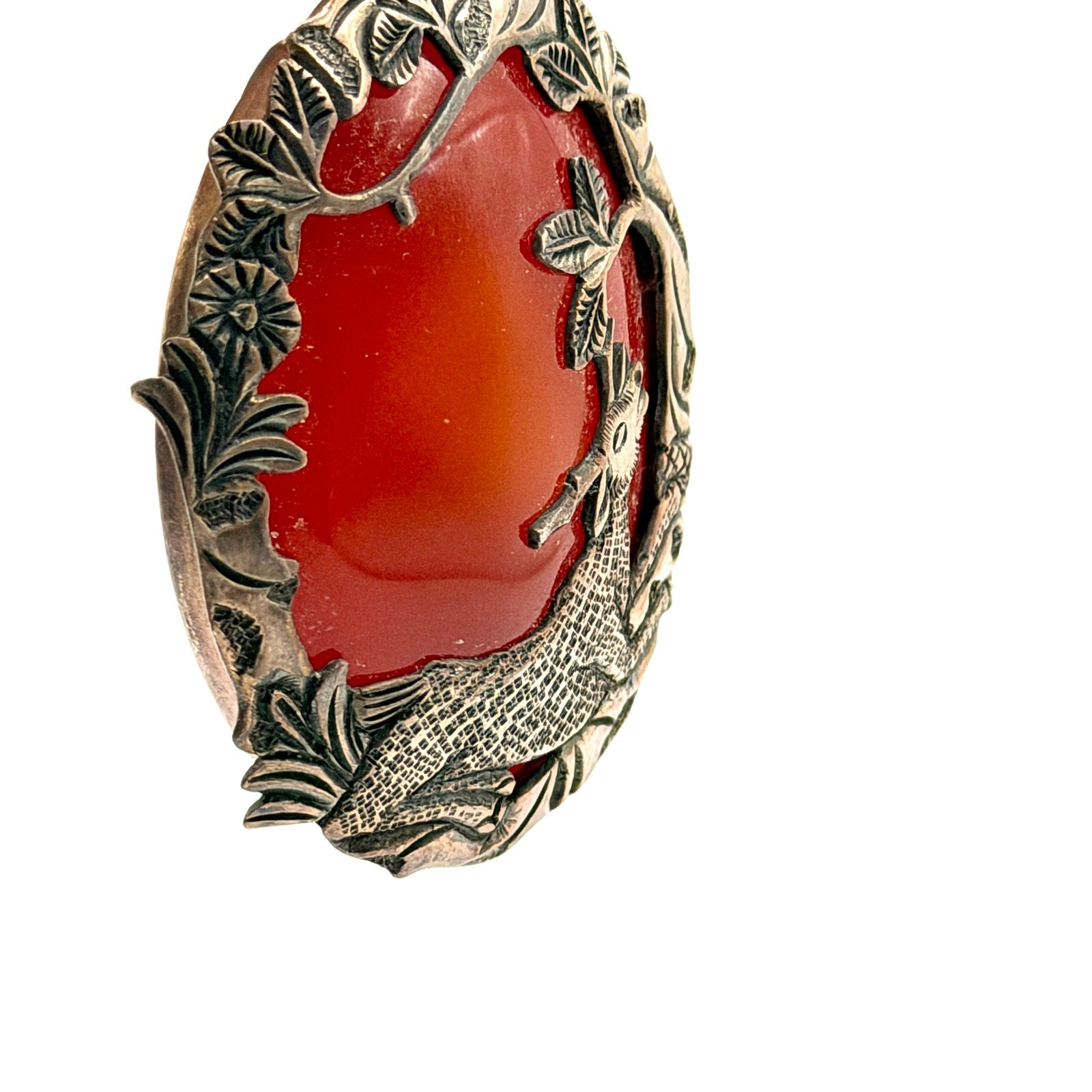 Vintage 90s Red Carnelian Sterling Silver Woodland Deer Overlay Pendant