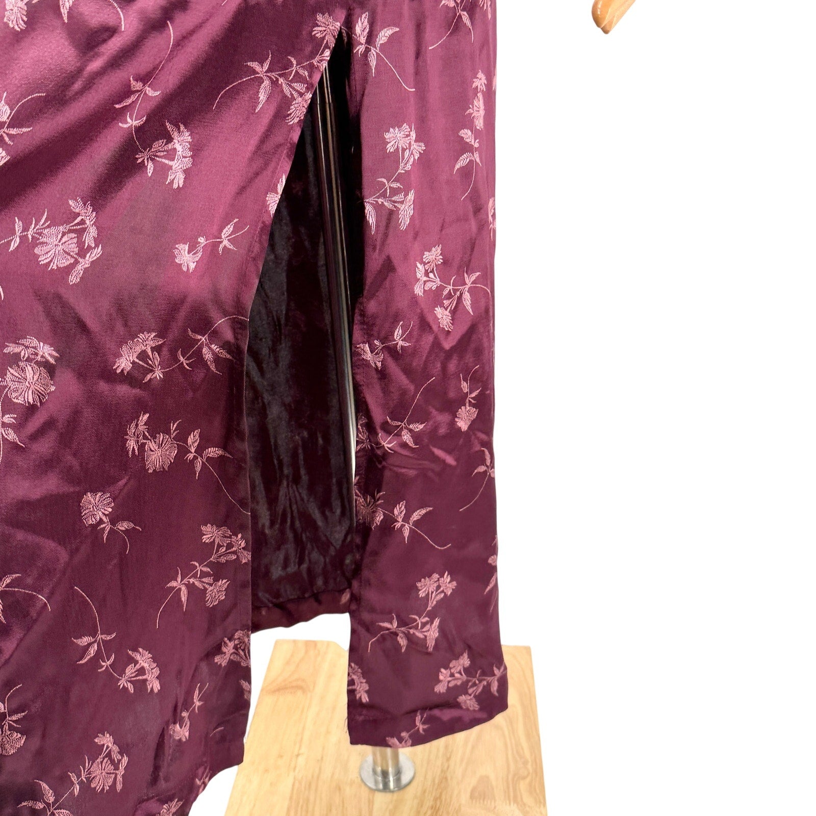 Vintage 90s GAP Burgundy Floral Satin Jacquard Cheongsam Slip Dress