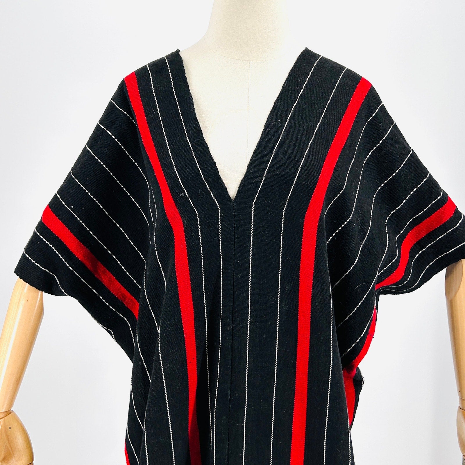 Vintage 80s Handwoven Black Red Striped 100% Cotton Kaftan Dress