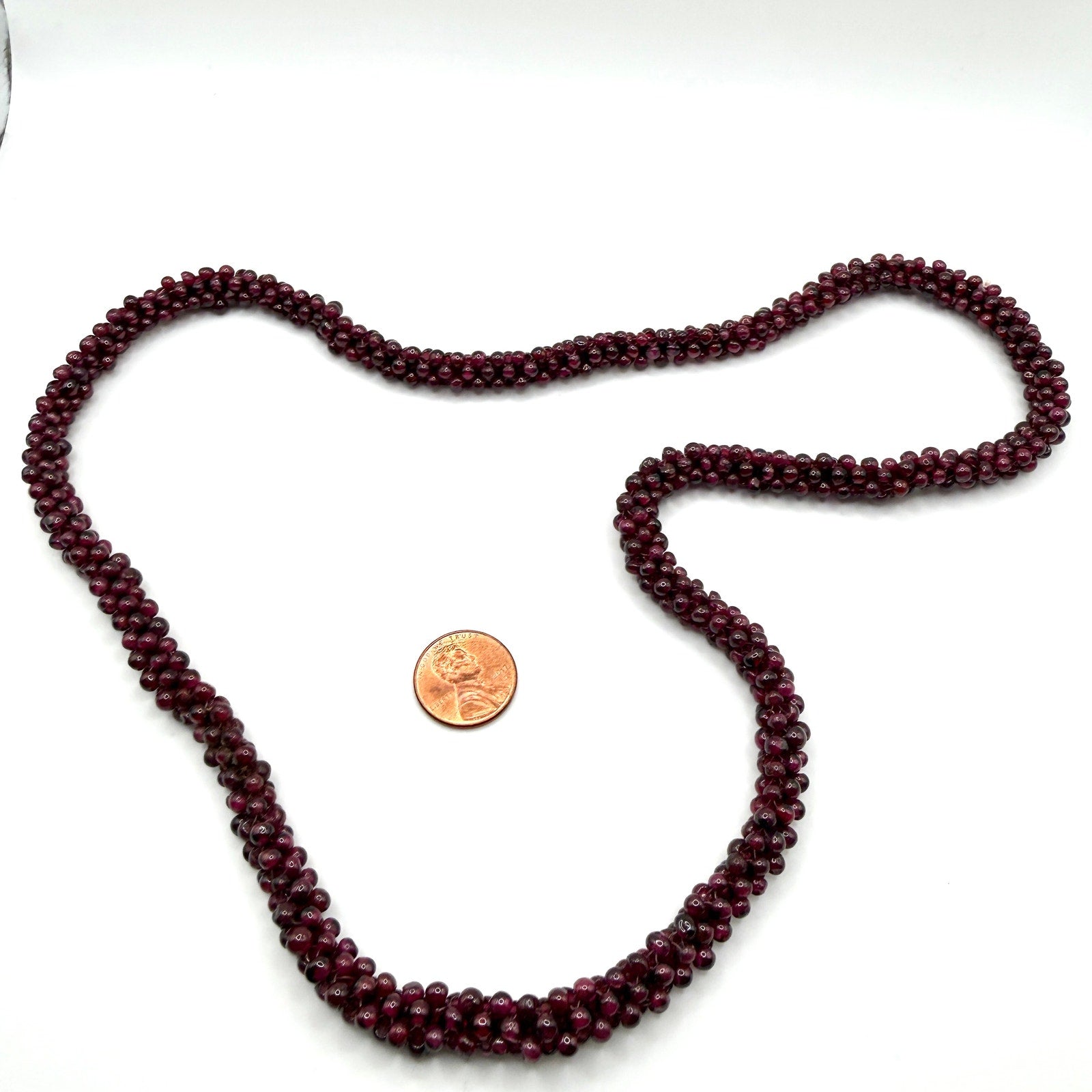 Vintage 90s Deep Red Garnet Woven Seed Bead Continuous Strand Necklace