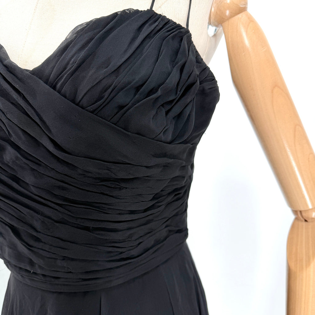 Vintage 50s Black 100% Silk Chiffon Ruched Bodice Stays Cocktail Dress
