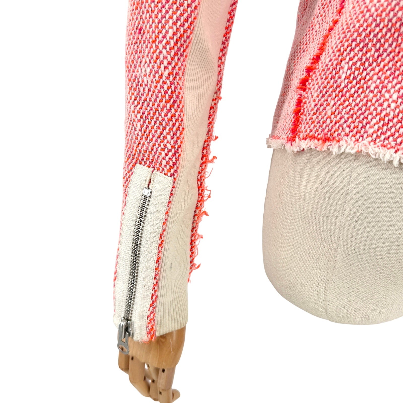 Rebecca Taylor Neon Red White Tweed Neon Fringe Moto Zipper Jacket