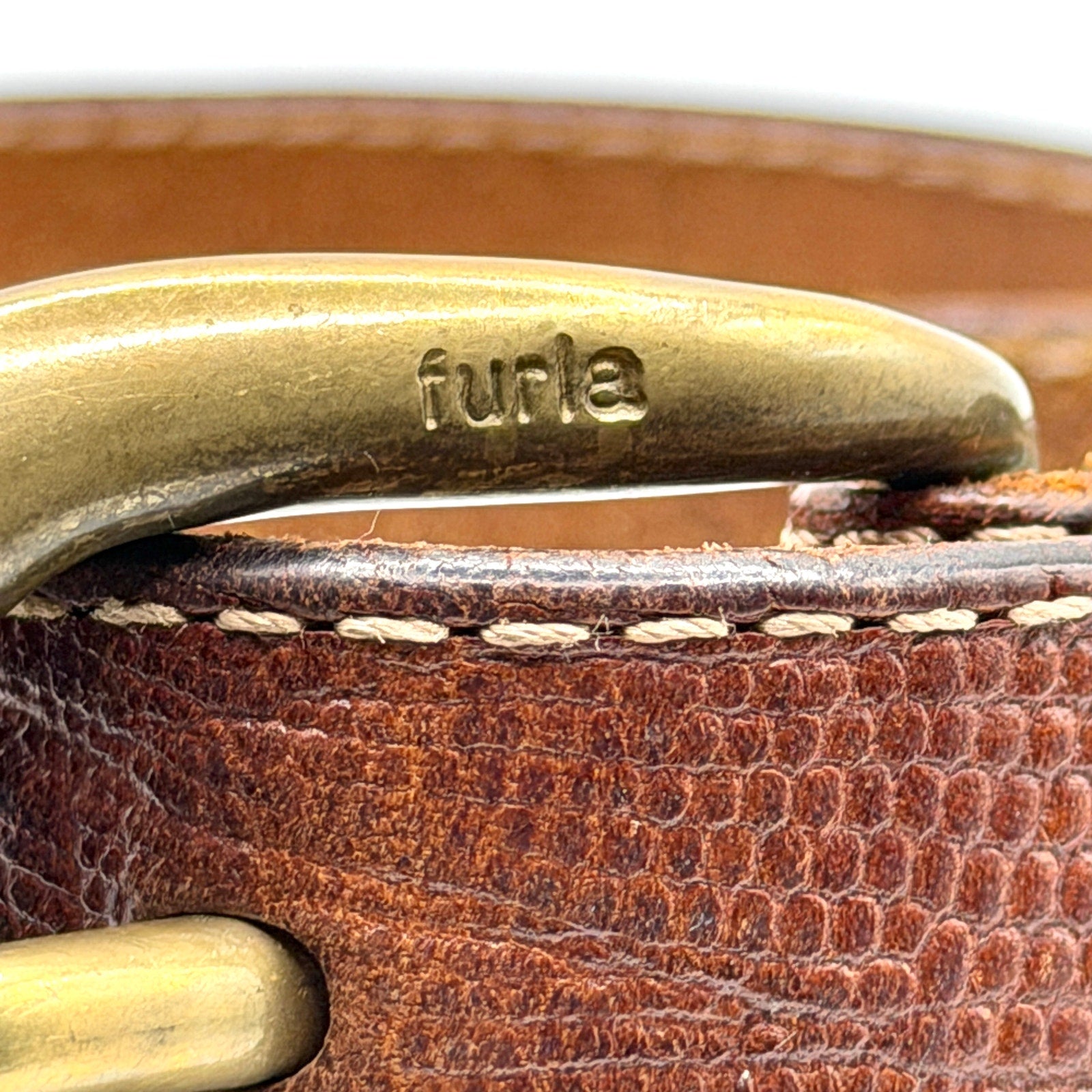 Vintage 90s Furla Brown Lizard Embossed Leather Brass Buckle Belt