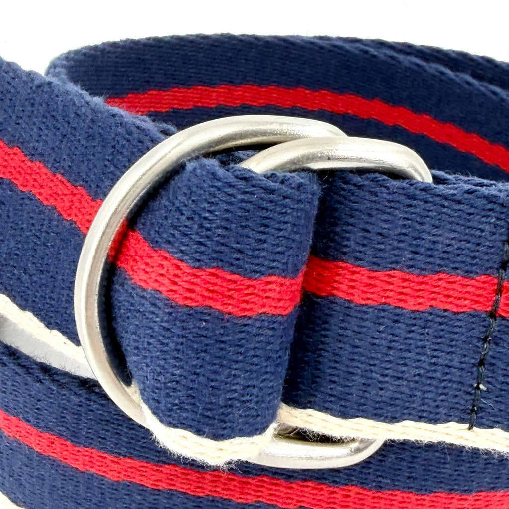 Navy Blue Red Striped Woven Nautical Preppy D-Ring Belt