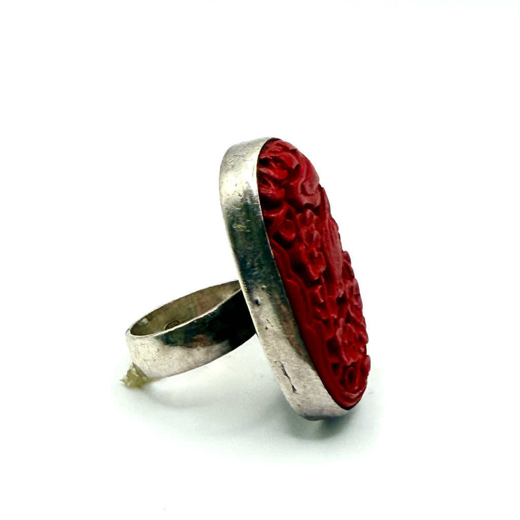 Vintage 90s Carved Cinnabar Sterling Silver Bird & Floral Statement Ring