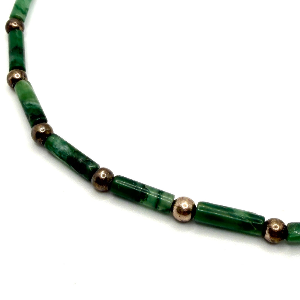 Vintage 90s Green Nephrite Jade Sterling Silver Tube Bead Toggle Necklace