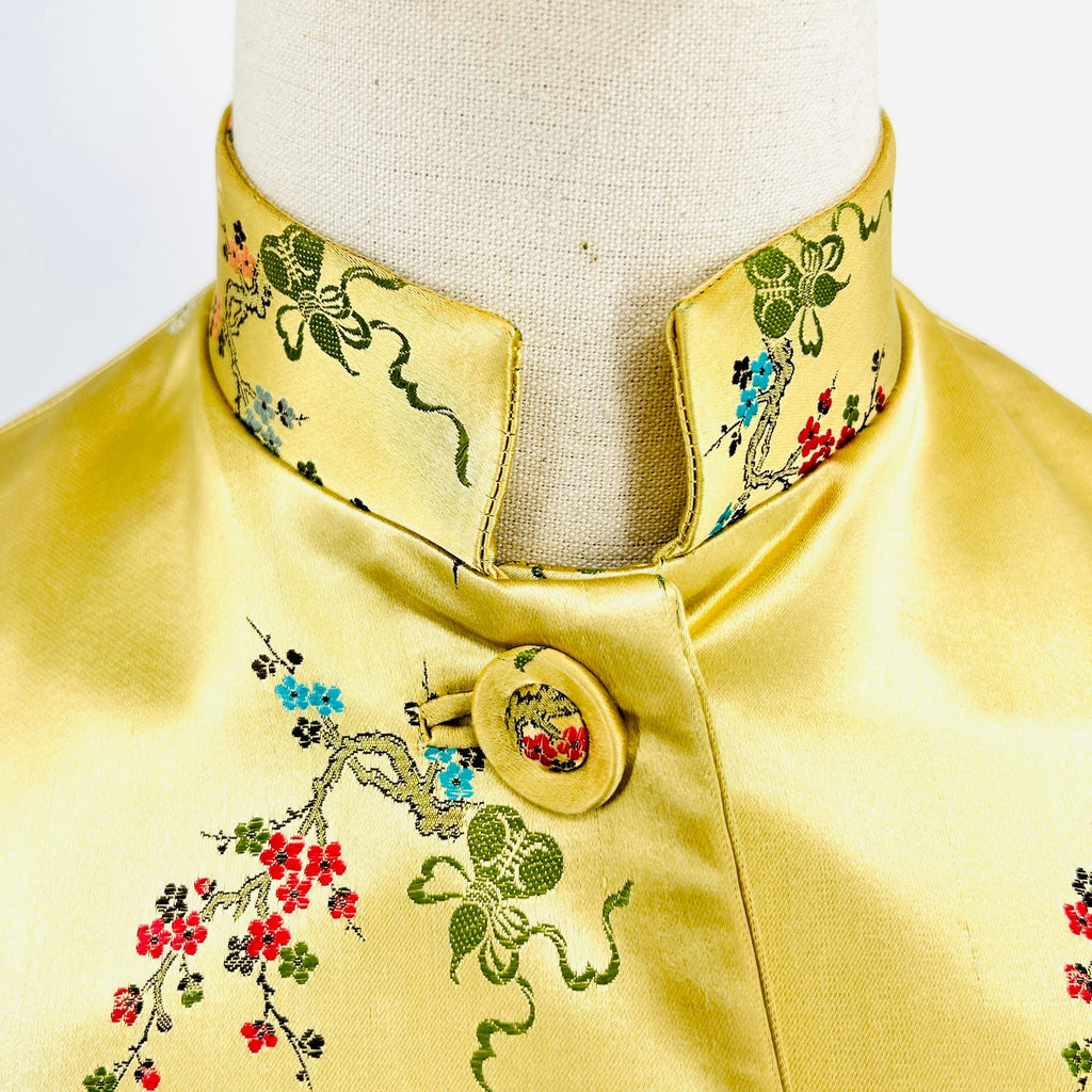 Vintage 60s Couture Gold 100% Silk Satin Embroidered Cheongsam Dress Suit