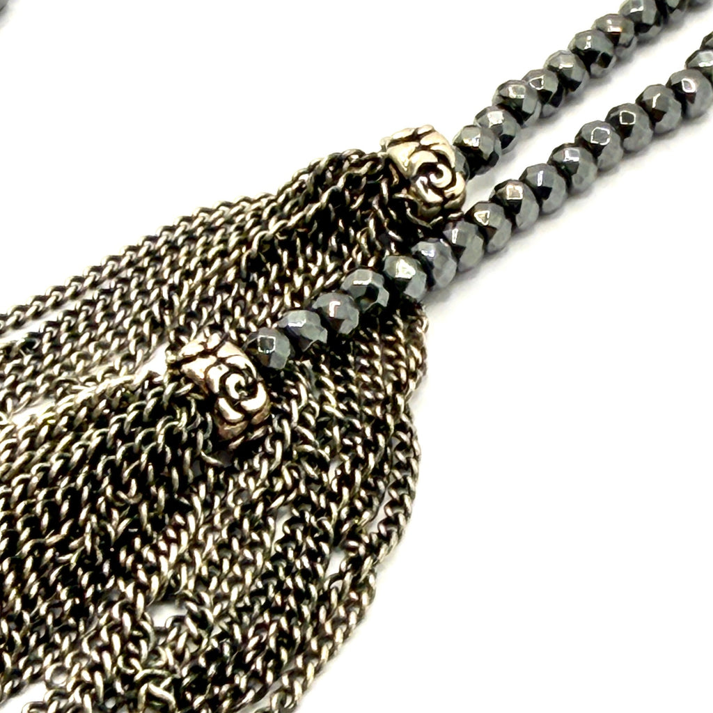 Black Onyx Druzy Abalone Gunmetal Boho Tassel Lariat Necklace