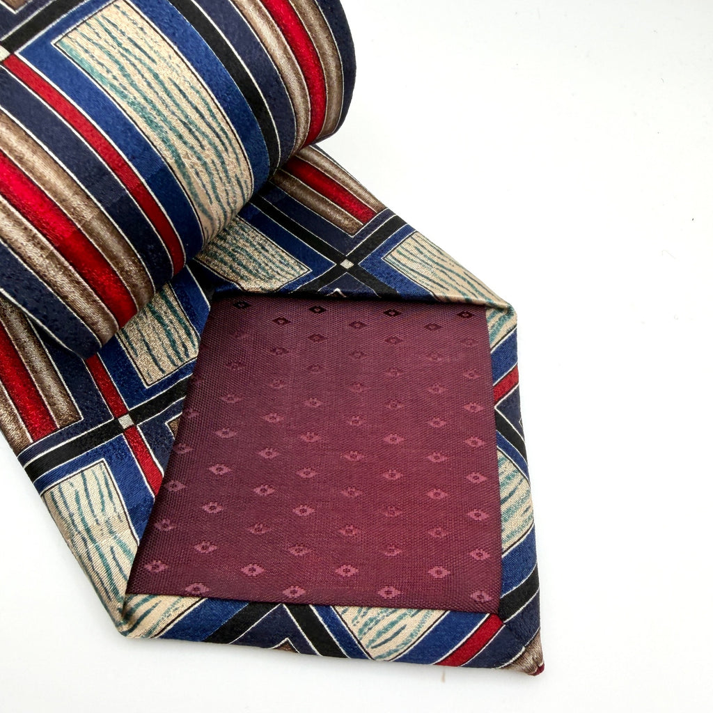 Vintage 90s Albert Nipon Navy Blue Red Silk Geometric Stripe Necktie