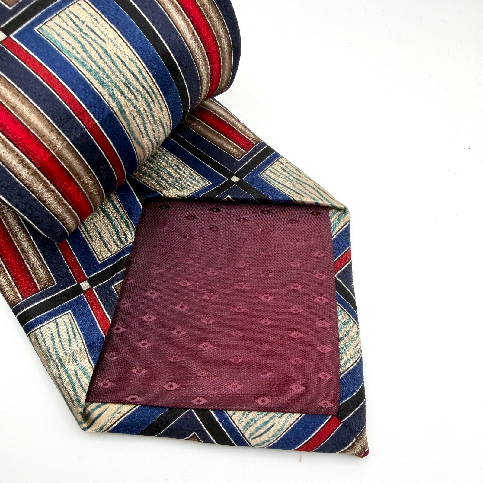 Vintage 90s Albert Nipon Navy Blue Red Silk Geometric Stripe Necktie