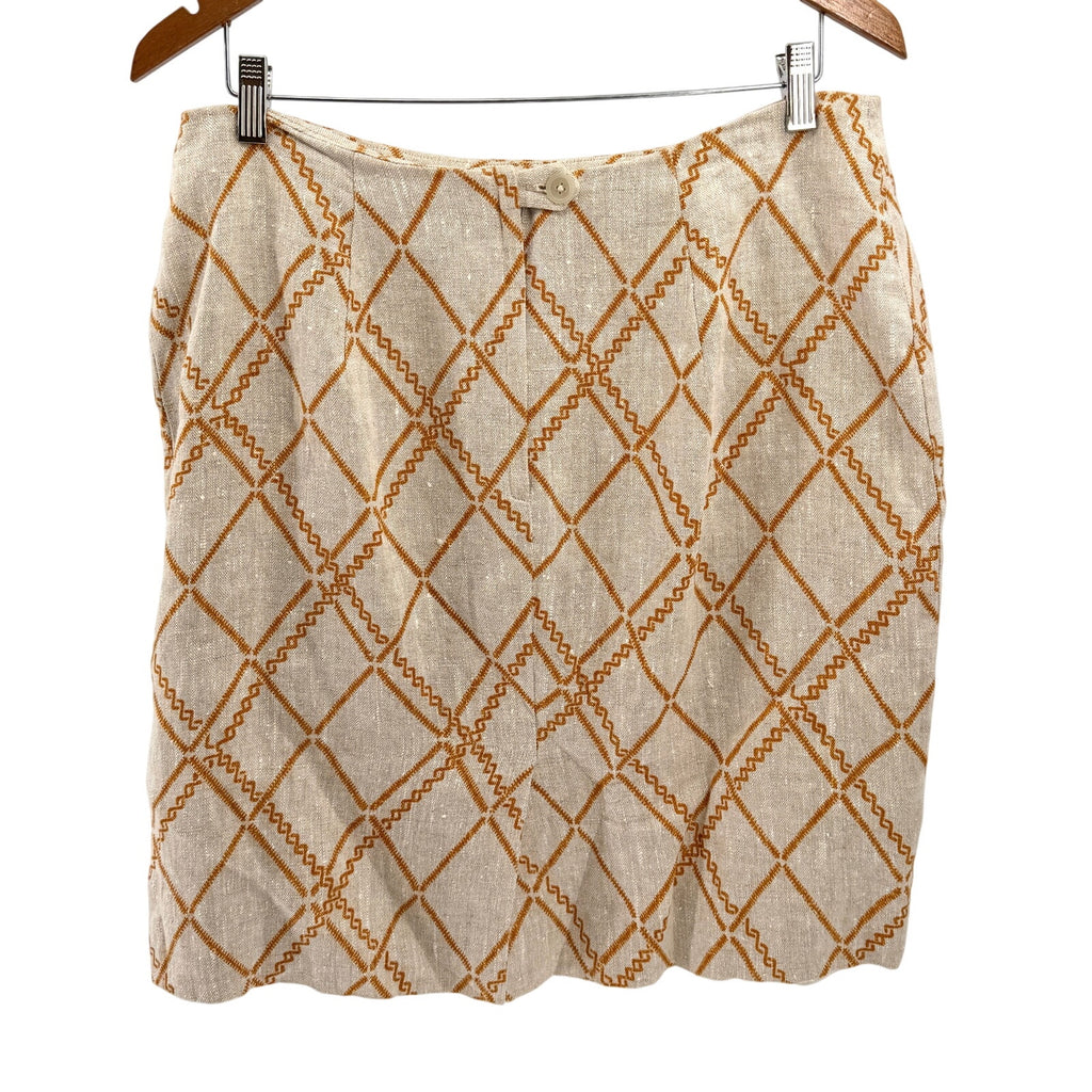 Vintage 90s Handmade Beige Mustard Yellow Linen Tribal Print Skirt Blouse Set