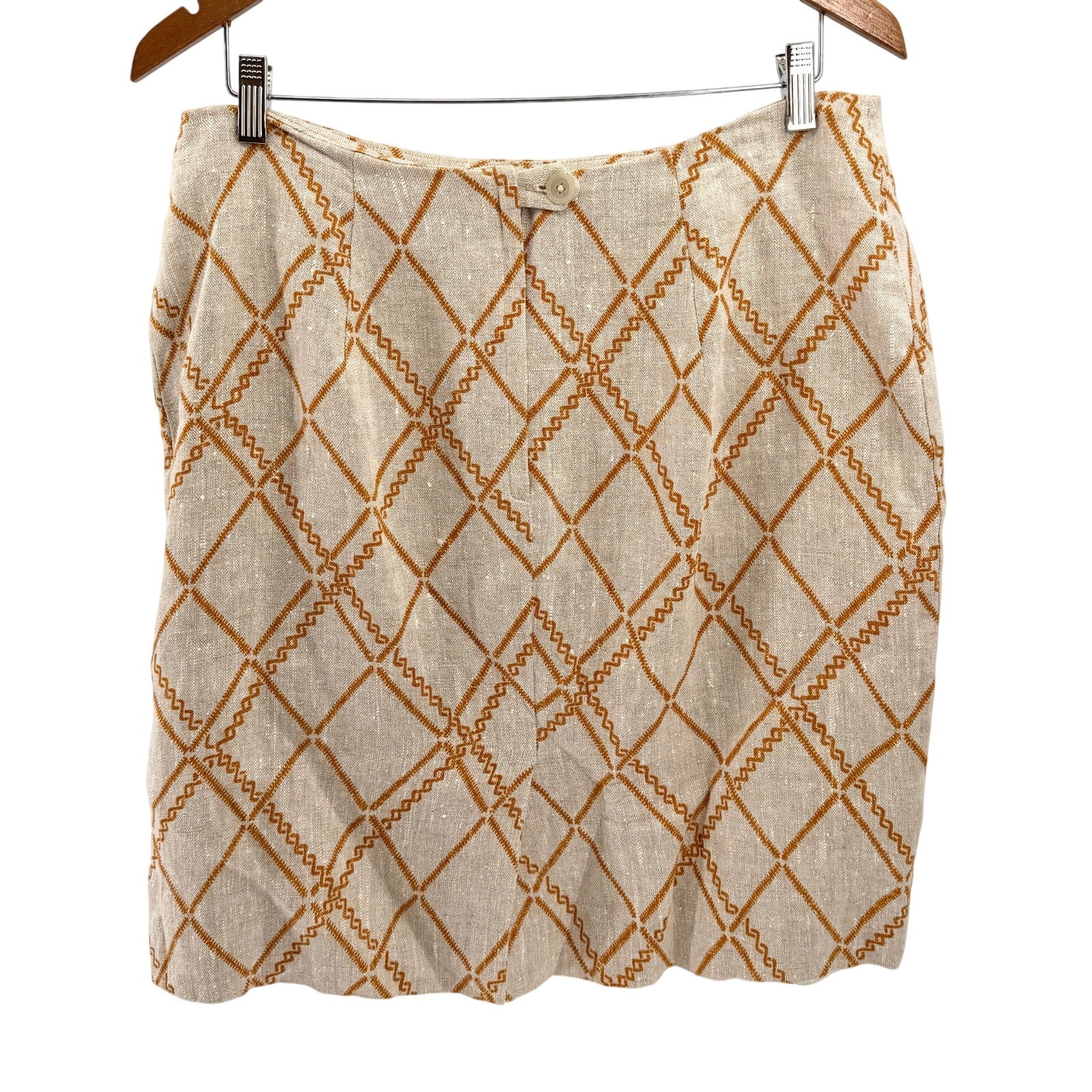 Vintage 90s Handmade Beige Mustard Yellow Linen Tribal Print Skirt Blouse Set