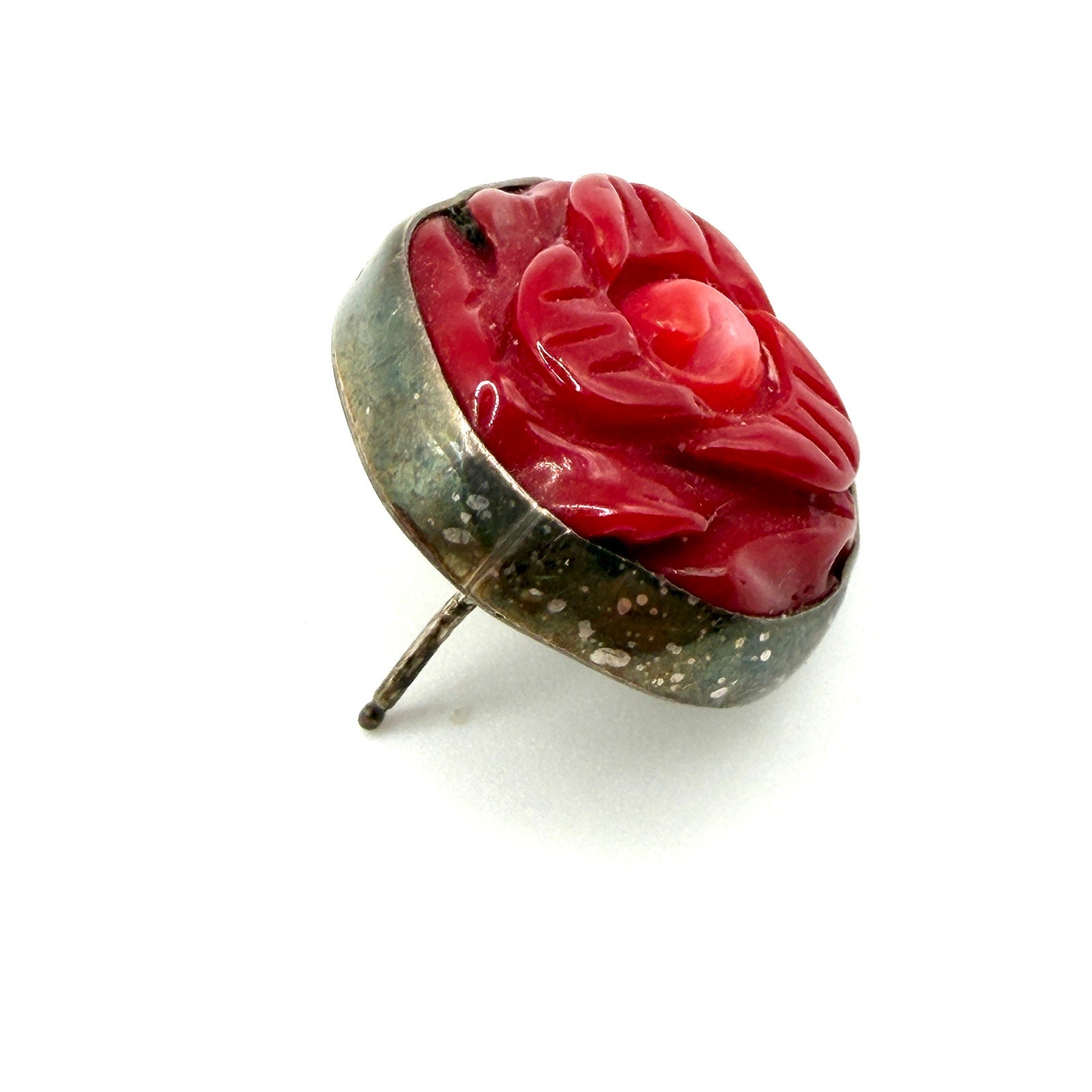Vintage 90s Sterling Silver Red Coral Handcarved Artisan Rose Stud Earrings