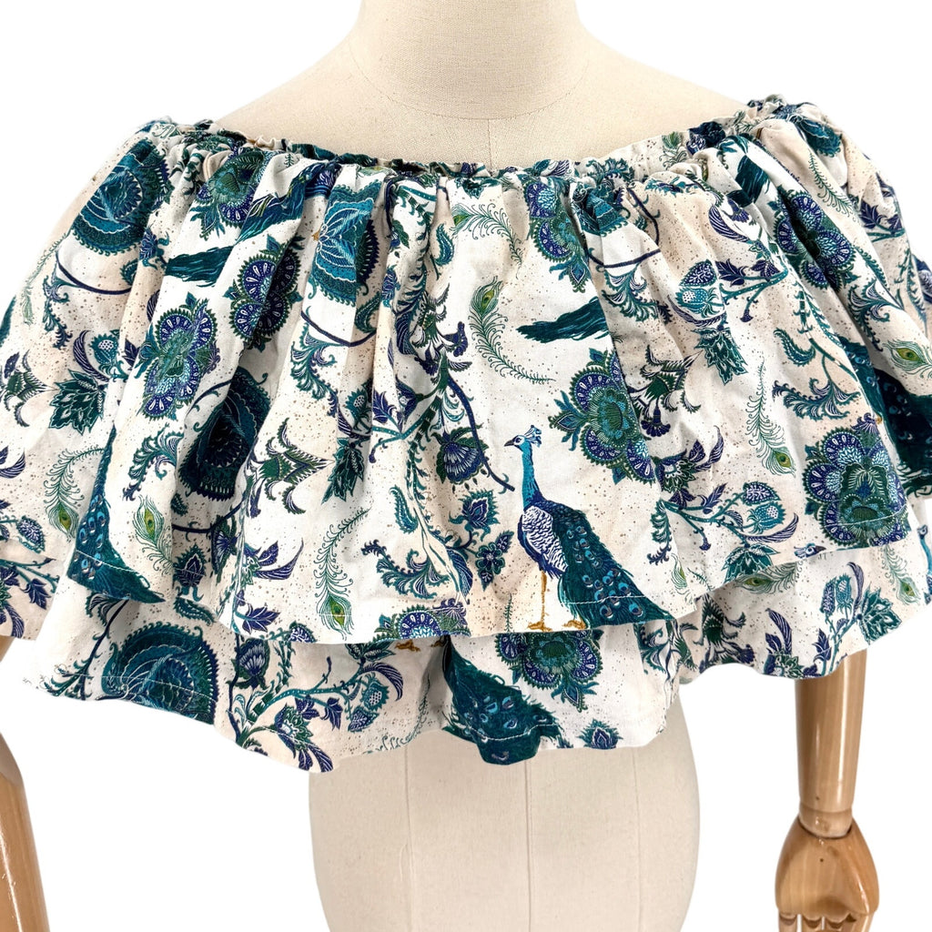 Vintage 90s Custom Made Cream Teal 100% Cotton Peacock Paisley Ruffle Crop Top