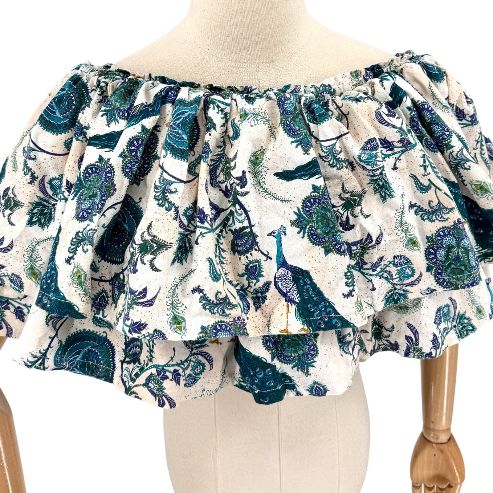Vintage 90s Custom Made Cream Teal 100% Cotton Peacock Paisley Ruffle Crop Top
