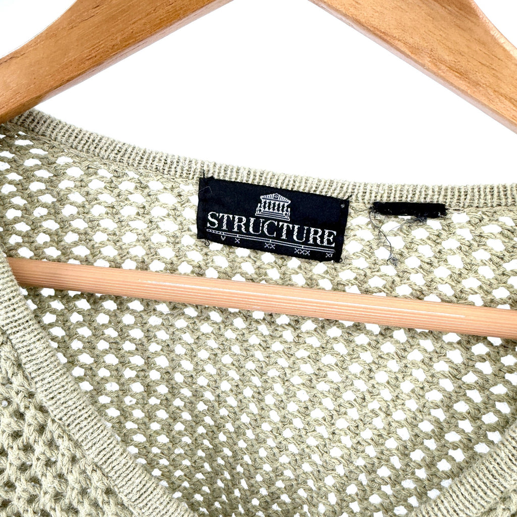 Vintage 90s Structure Beige 100% Cotton Mesh Open Weave V-Neck Sweater