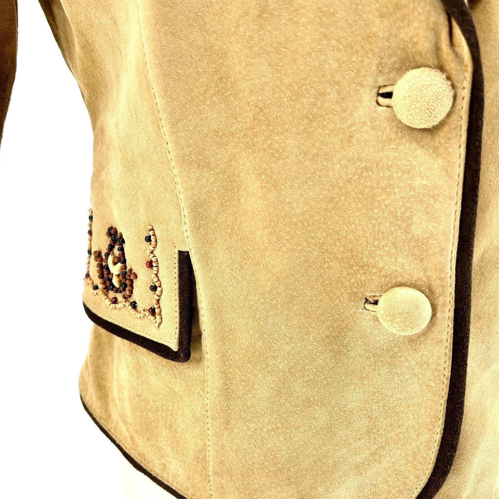 Vintage 90s Margaret Godfrey Tan Genuine Suede Beaded Western Blazer