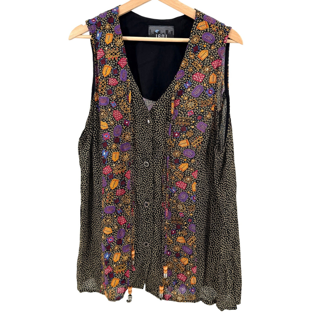 Vintage 90s 1601 Black Rayon Ditsy Geometric Beaded Ties Vest Top