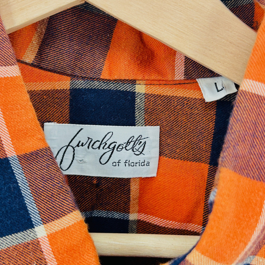 Vintage 70s Furchgott's Florida Orange Navy Plaid Cotton Button Front Shirt