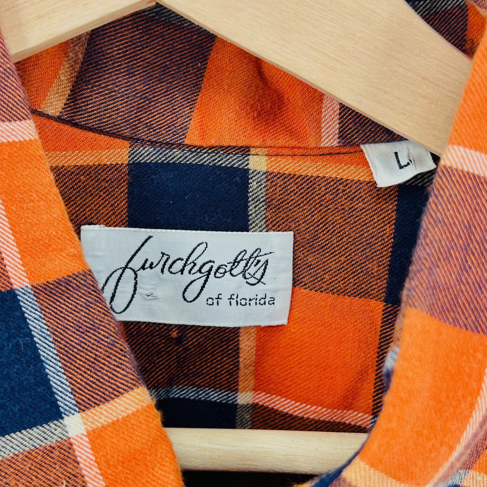 Vintage 70s Furchgott's Florida Orange Navy Plaid Cotton Button Front Shirt