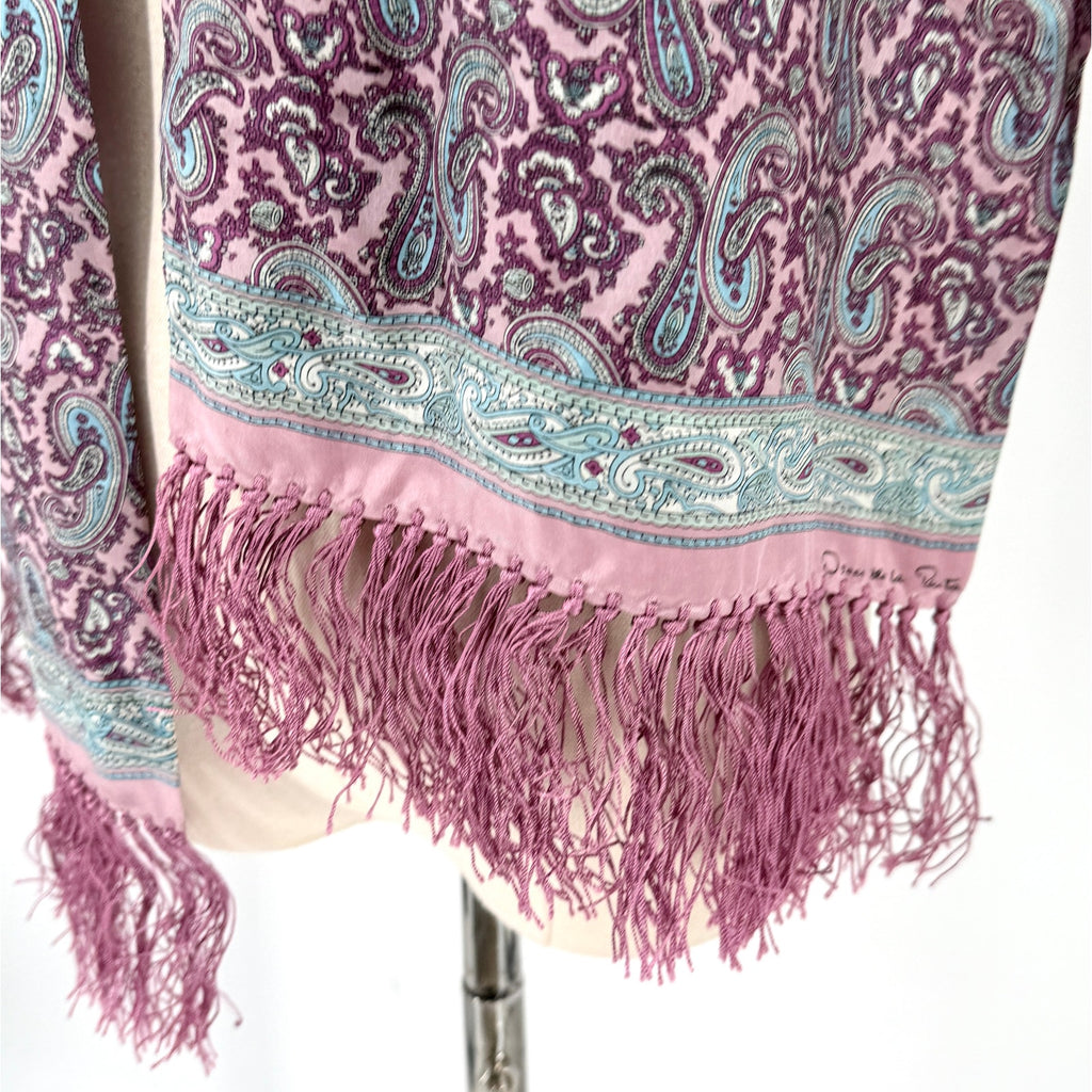 Vintage 80s Oscar de la Renta Purple 100% Silk Paisley Fringe Scarf