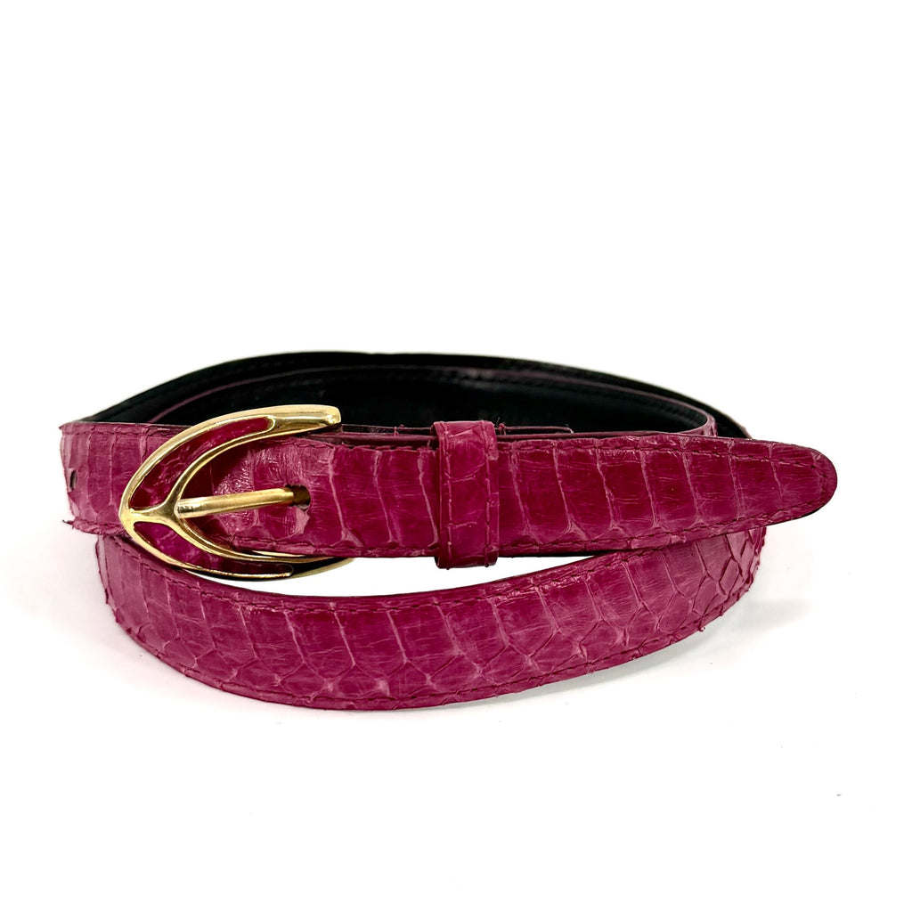 Vintage 90s Pink Genuine Snakeskin Gold Buckle Skinny Belt
