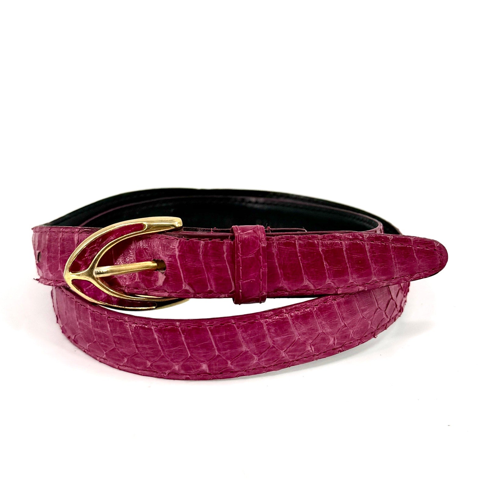 Vintage 90s Pink Genuine Snakeskin Gold Buckle Skinny Belt