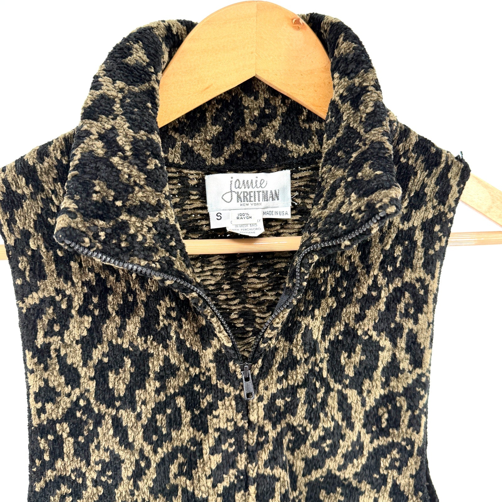 Vintage 90s Jamie Kreitman Olive Black Leopard Chenille Full Zip Sweater Vest