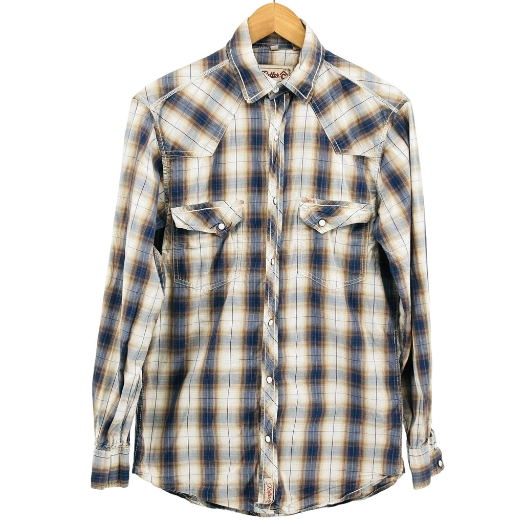 Rafter C Blue Tan Plaid 100% Cotton Western Pearl Snap Shirt